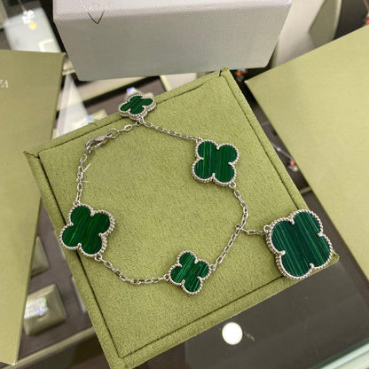 [Camiery]CLOVER 5 MOTIFS SIVLER MALACHITE BRACELET