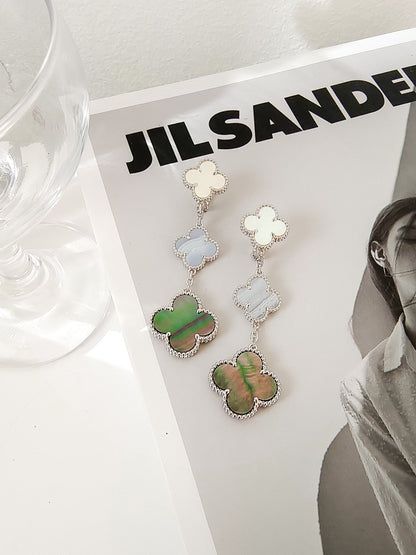 [Camiery]CLOVER 3 MOTIFS CHALCEDONY DARK MOP SILVER EARRINGS