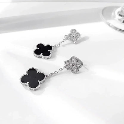 [Camiery]CLOVER 2 MOTIFS  DIAMOND ONYX EARRINGS SILVER
