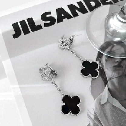 [Camiery]CLOVER 2 MOTIFS  DIAMOND ONYX EARRINGS SILVER