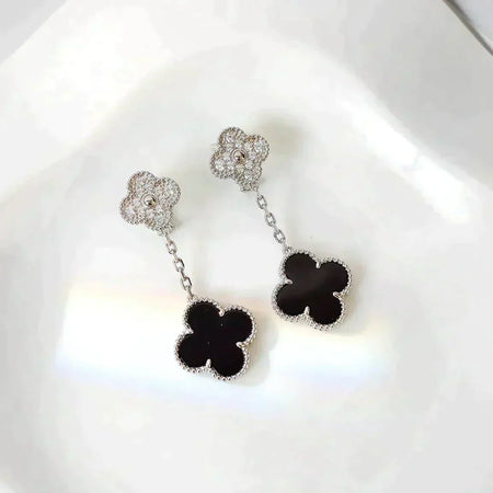 [Camiery]CLOVER 2 MOTIFS  DIAMOND ONYX EARRINGS SILVER