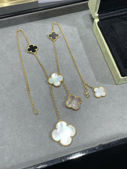 [Camiery]CLOVER 6 MOTIF MOP ONYX GOLD NECKLACE