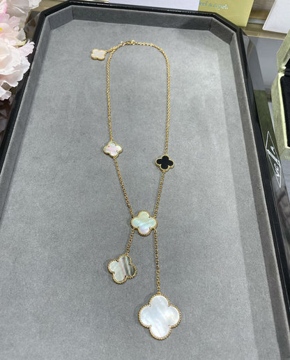 [Camiery]CLOVER 6 MOTIF MOP ONYX GOLD NECKLACE