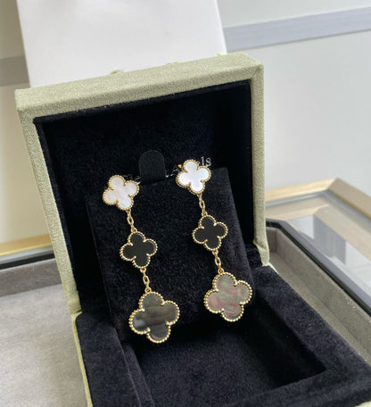 [Camiery]CLOVER 3 MOTIF MOP ONYX DARK MOP PINK GOLD EARRINGS