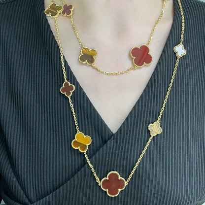 [Camiery]CLOVER 16 MOTIF CARNELIAN TIGER EYE ROSE GOLD NECKLACE