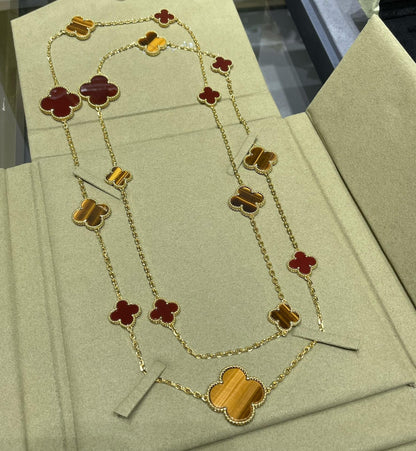 [Camiery]CLOVER 16 MOTIF CARNELIAN TIGER EYE ROSE GOLD NECKLACE