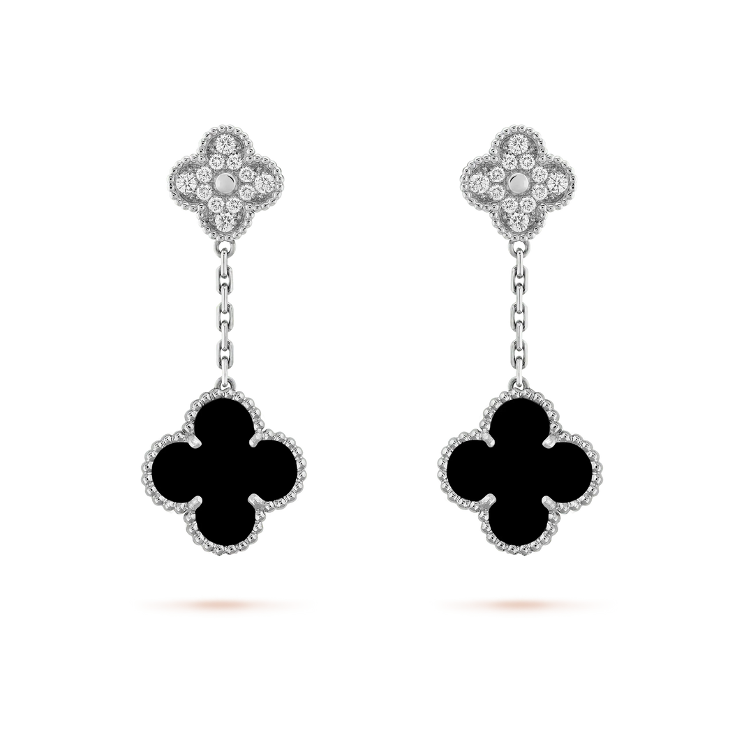 [Camiery]CLOVER 2 MOTIFS  DIAMOND ONYX EARRINGS SILVER