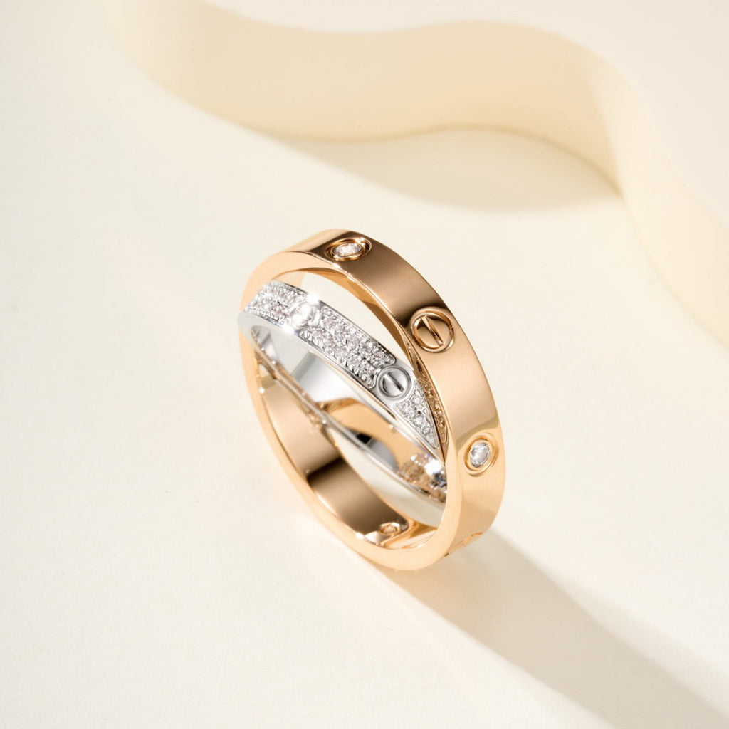 [Camiery] LOVE PINK GOLD SILVER DIAMOND DOUBLE RING