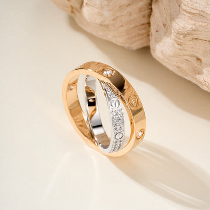 [Camiery] LOVE PINK GOLD SILVER DIAMOND DOUBLE RING