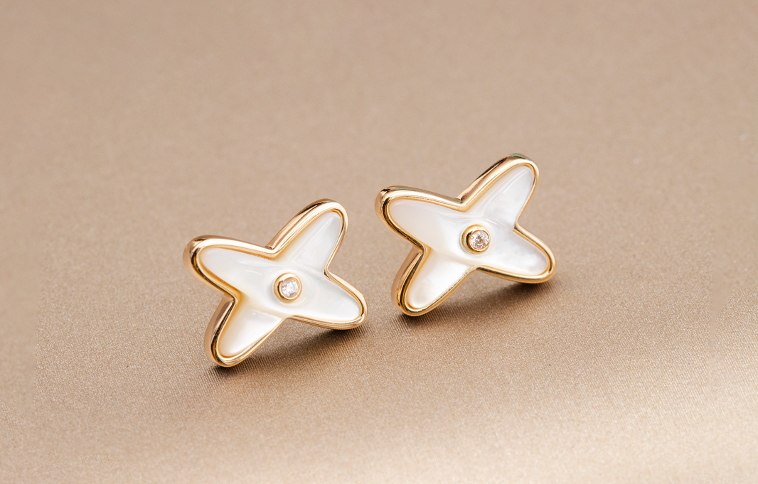 [Camiery]JEUX DE WHITE MOP PINK GOLD DIAMOND EARRINGS