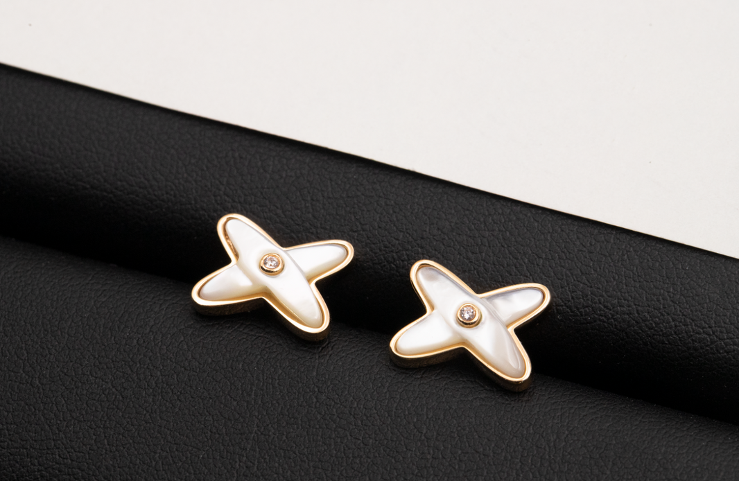 [Camiery]JEUX DE WHITE MOP ROSE GOLD DIAMOND EARRINGS