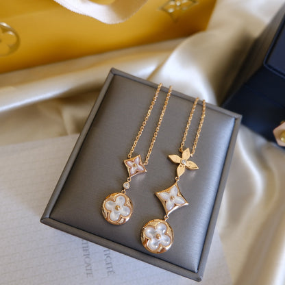 [Camiery]COLOR BLOSSOM LARIAT NECKLACE PINK GOLD WHITE MOTHER PEARL AND DIAMOND