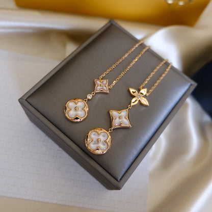 [Camiery]COLOR BLOSSOM LARIAT NECKLACE PINK GOLD WHITE MOTHER PEARL AND DIAMOND
