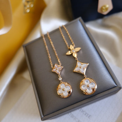 [Camiery]COLOR BLOSSOM LARIAT NECKLACE PINK GOLD WHITE MOTHER PEARL AND DIAMOND