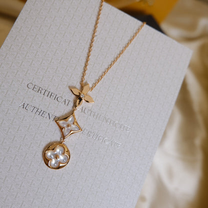 [Camiery]COLOR BLOSSOM LARIAT NECKLACE PINK GOLD WHITE MOTHER PEARL AND DIAMOND