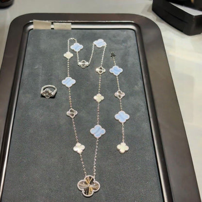 [Camiery]DETACHABLE CLOVER 15(11+4) FLOWER SILVER NECKLACE SET