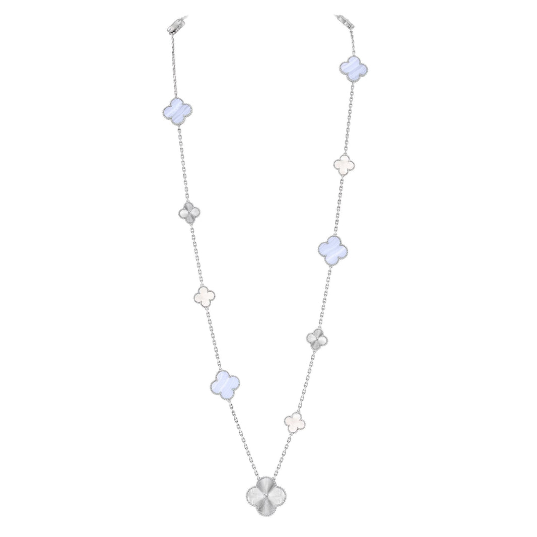 [Camiery]DETACHABLE CLOVER 15(11+4) FLOWER SILVER NECKLACE SET
