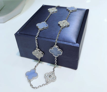 [Camiery]CLOVER 10 MOTIFS CHALCEDONY DIAMONDS SILVER NECKLACE