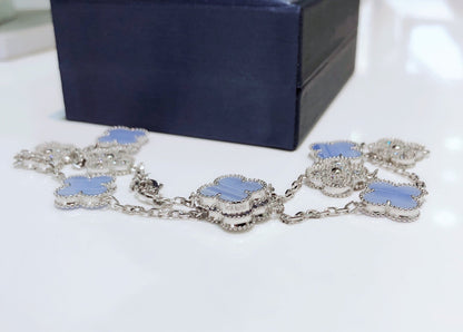 [Camiery]CLOVER 10 MOTIFS CHALCEDONY DIAMONDS SILVER NECKLACE