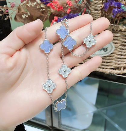 [Camiery]CLOVER 10 MOTIFS CHALCEDONY DIAMONDS SILVER NECKLACE
