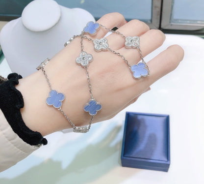 [Camiery]CLOVER 10 MOTIFS CHALCEDONY DIAMONDS SILVER NECKLACE