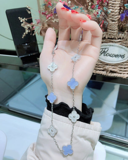 [Camiery]CLOVER 10 MOTIFS CHALCEDONY DIAMONDS SILVER NECKLACE